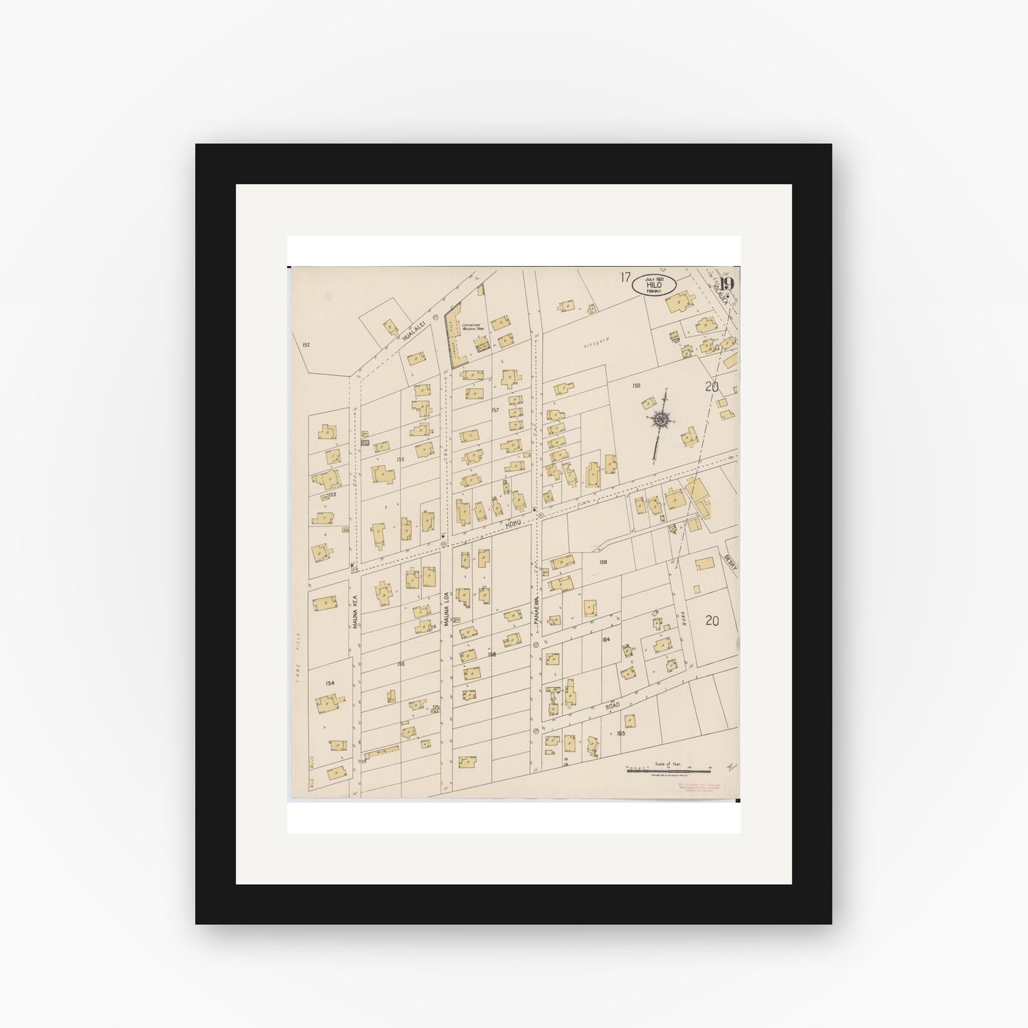 Old map wall art mockup — black gallery frame with white mat — Sanborn Fire Insurance Map from Hilo, Hawaii County, Hawaii (1921), Sheet #0019