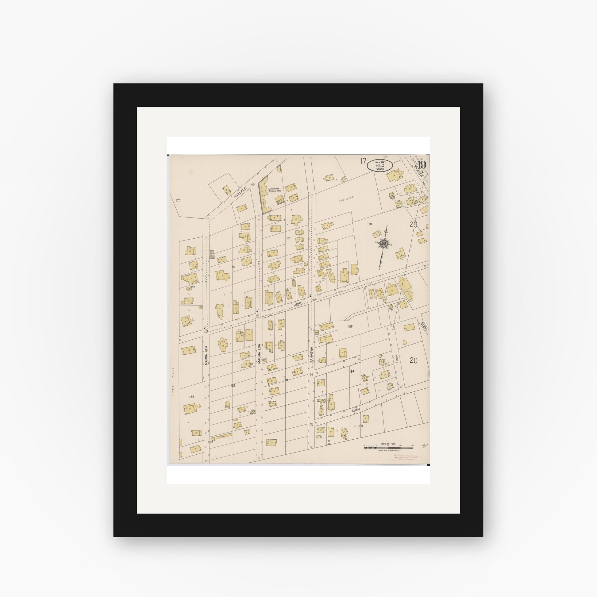 Old map wall art mockup — black gallery frame with white mat — Sanborn Fire Insurance Map from Hilo, Hawaii County, Hawaii (1921), Sheet #0019
