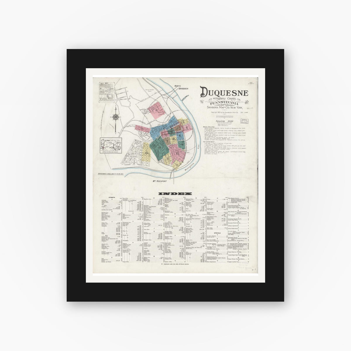 Old map wall art mockup — black gallery frame with white mat — Sanborn Fire Insurance Map from Duquesne, Allegheny County, Pennsylvania (1925) - Complete Map Set