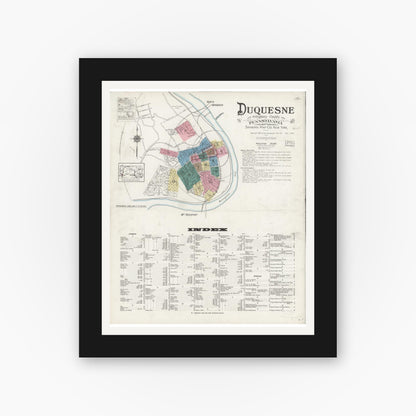 Old map wall art mockup — black gallery frame with white mat — Sanborn Fire Insurance Map from Duquesne, Allegheny County, Pennsylvania (1925) - Complete Map Set