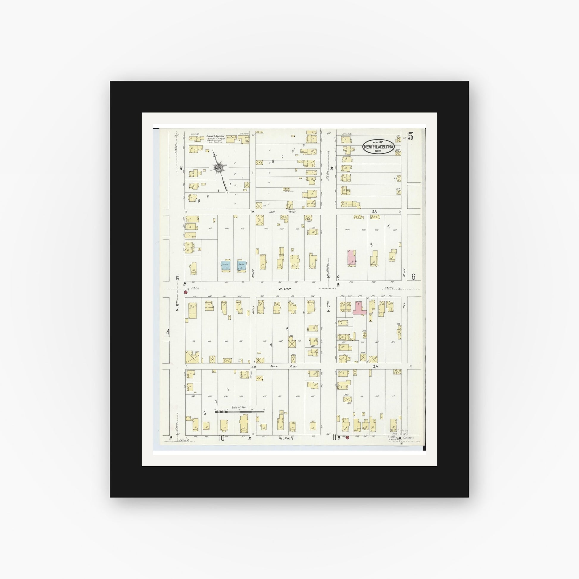 Old map wall art mockup — black gallery frame with white mat — Sanborn Fire Insurance Map from New Philadelphia, Tuscarawas County, Ohio (1910), Sheet #0005