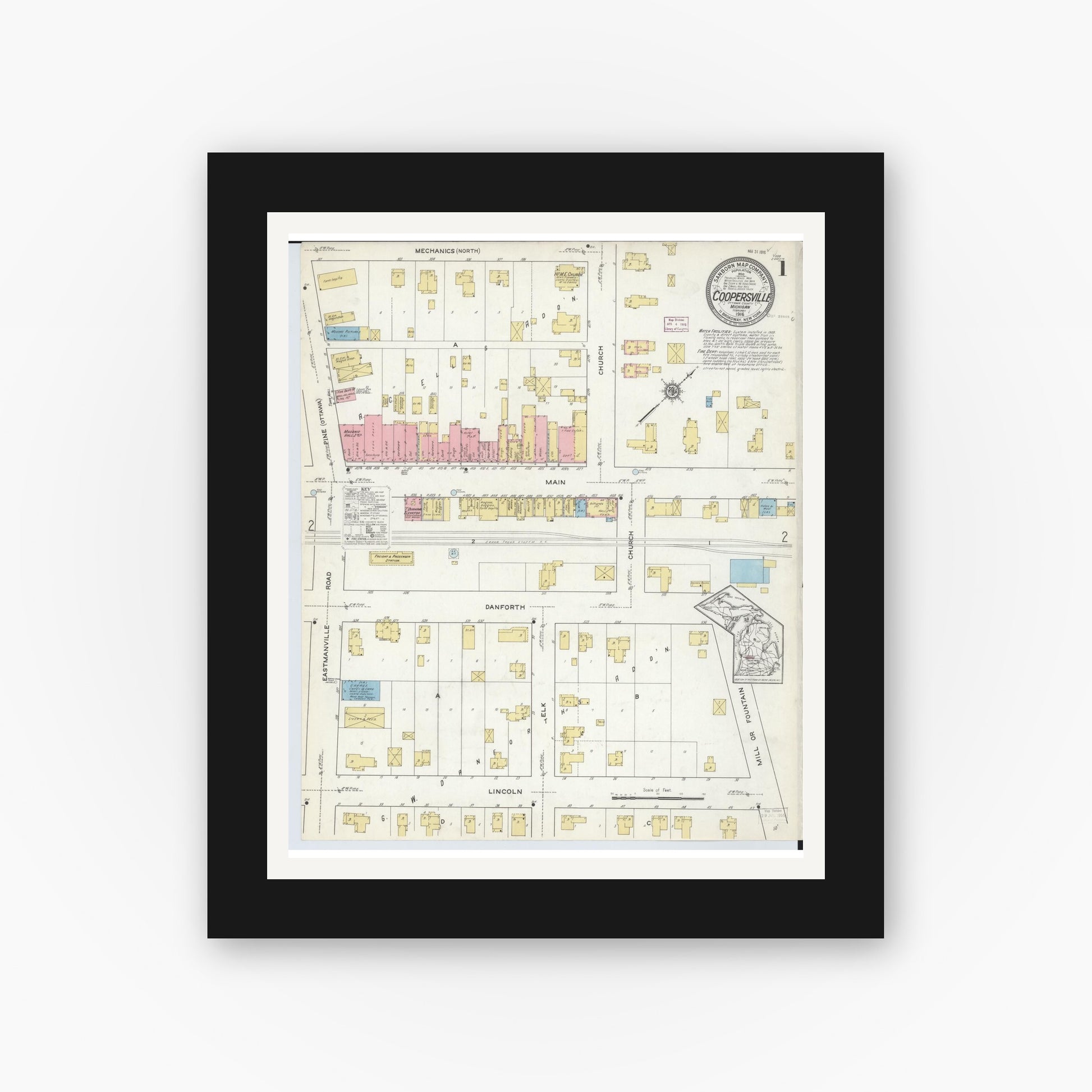 Old map wall art mockup — black gallery frame with white mat — Sanborn Fire Insurance Map from Coopersville, Ottawa County, Michigan (1916) - Complete Map Set