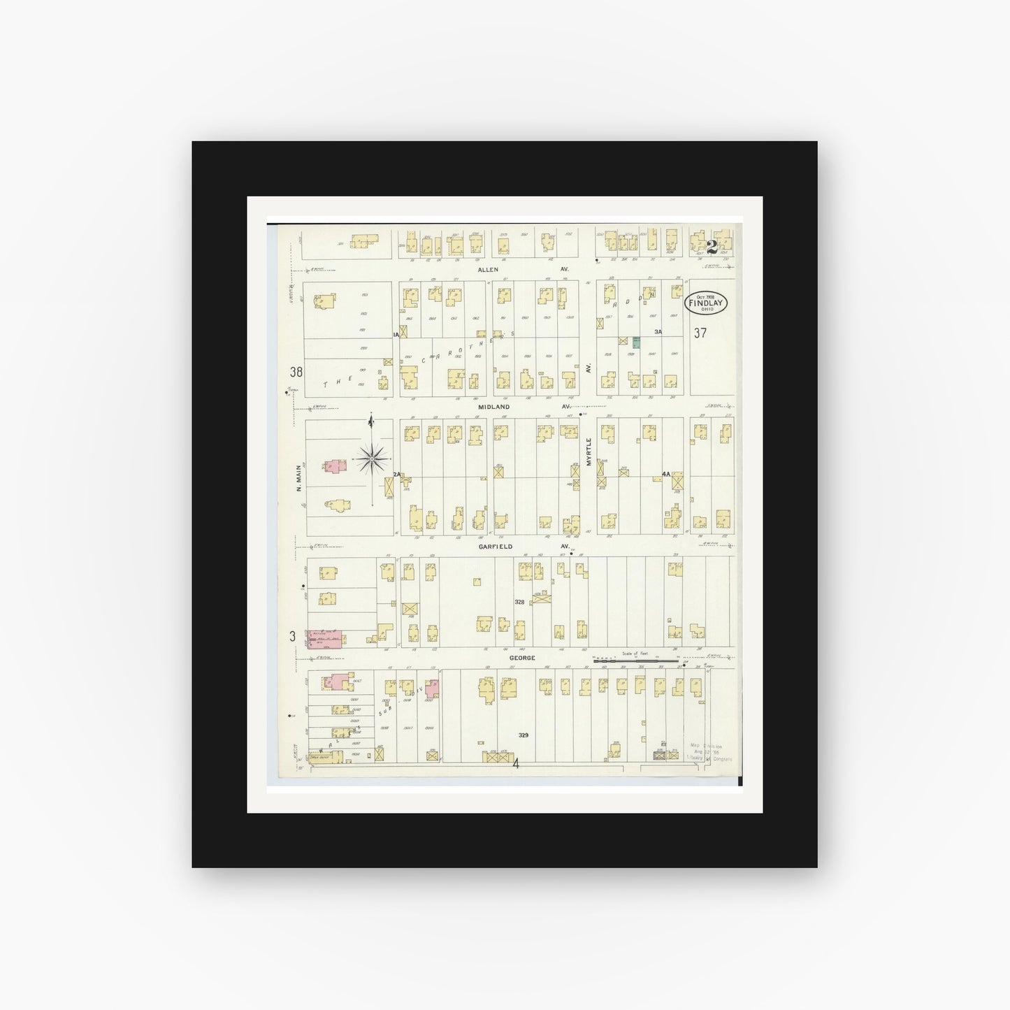 Old map wall art mockup — black gallery frame with white mat — Sanborn Fire Insurance Map from Findlay, Hancock County, Ohio (1908), Sheet #0002