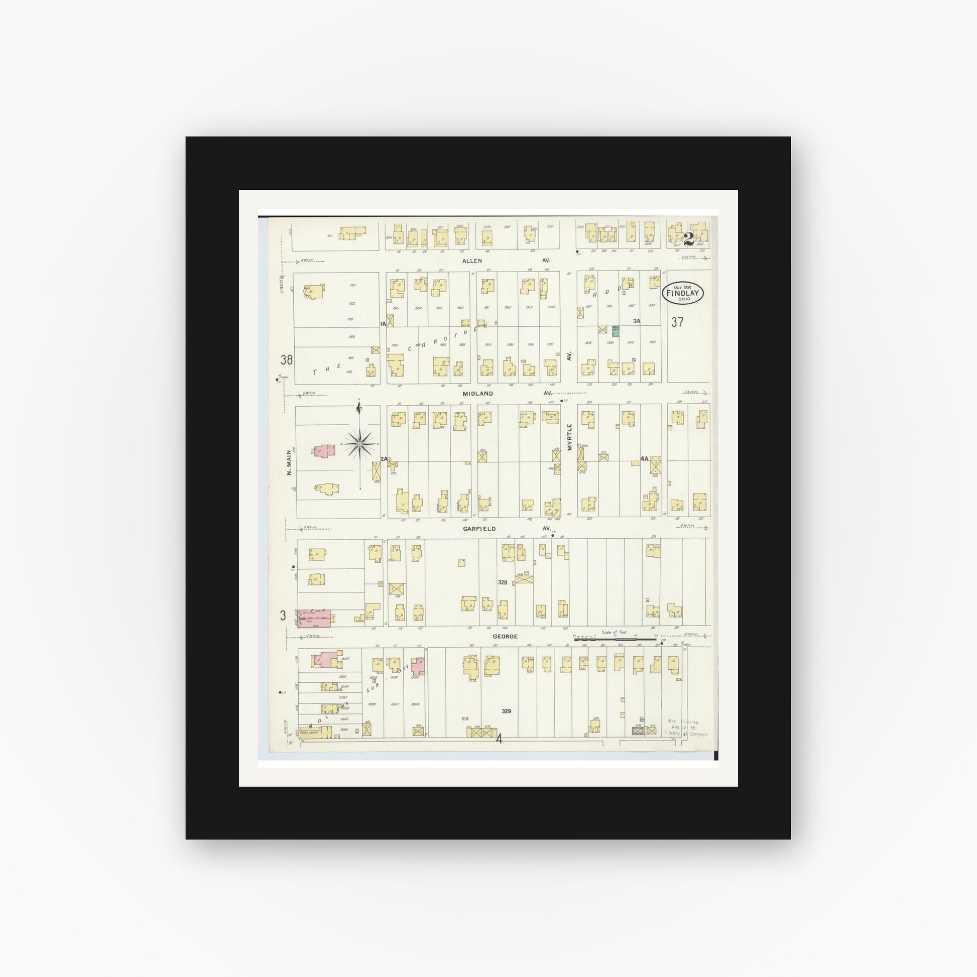 Old map wall art mockup — black gallery frame with white mat — Sanborn Fire Insurance Map from Findlay, Hancock County, Ohio (1908), Sheet #0002