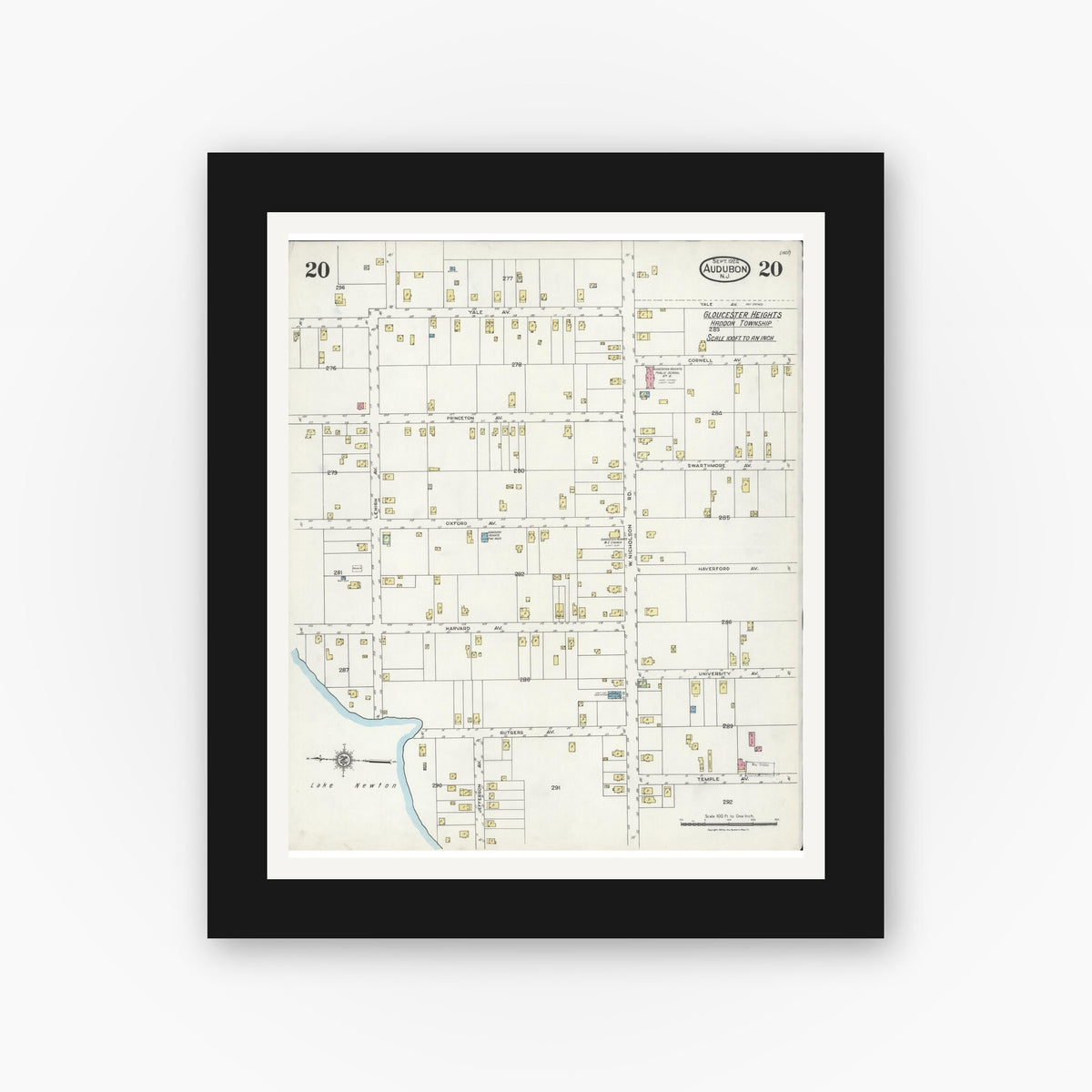Old map wall art mockup — black gallery frame with white mat — Sanborn Fire Insurance Map from Audubon, Camden County, New Jersey (1924), Sheet #0020