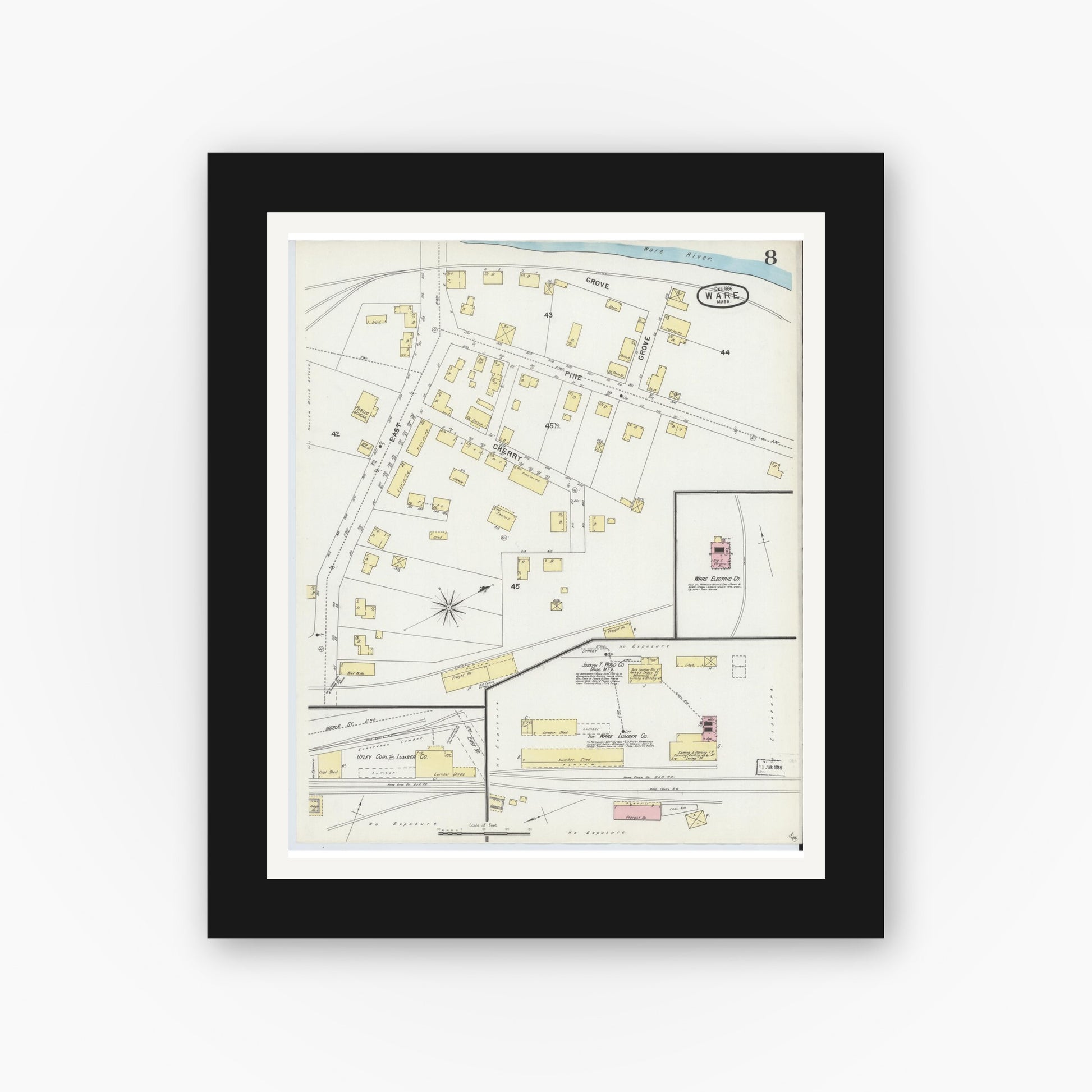 Old map wall art mockup — black gallery frame with white mat — Sanborn Fire Insurance Map from Ware, Hampshire County, Massachusetts (1896), Sheet #0008