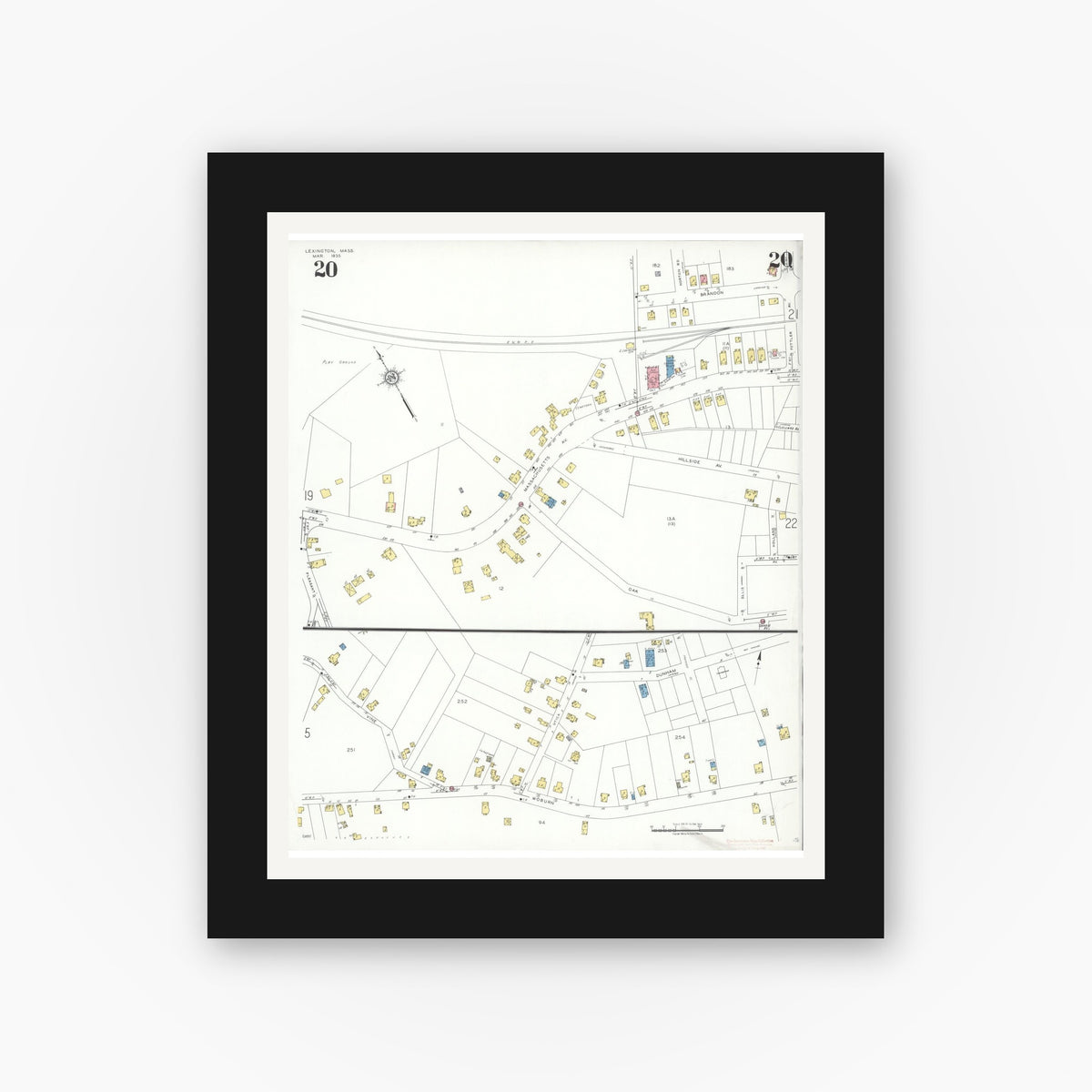 Old map wall art mockup — black gallery frame with white mat — Sanborn Fire Insurance Map from Lexington, Middlesex County, Massachusetts (1935), Sheet #0020