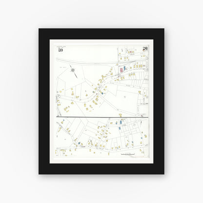 Old map wall art mockup — black gallery frame with white mat — Sanborn Fire Insurance Map from Lexington, Middlesex County, Massachusetts (1935), Sheet #0020