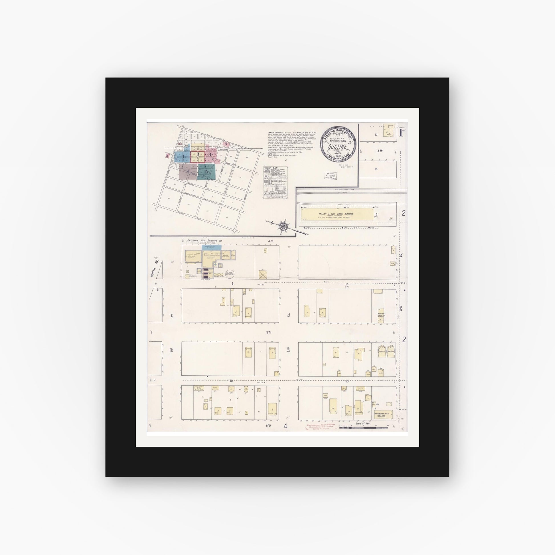 Old map wall art mockup — black gallery frame with white mat — Sanborn Fire Insurance Map from Gustine, Merced County, California (1920), Sheet #0001