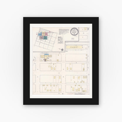 Old map wall art mockup — black gallery frame with white mat — Sanborn Fire Insurance Map from Gustine, Merced County, California (1920), Sheet #0001
