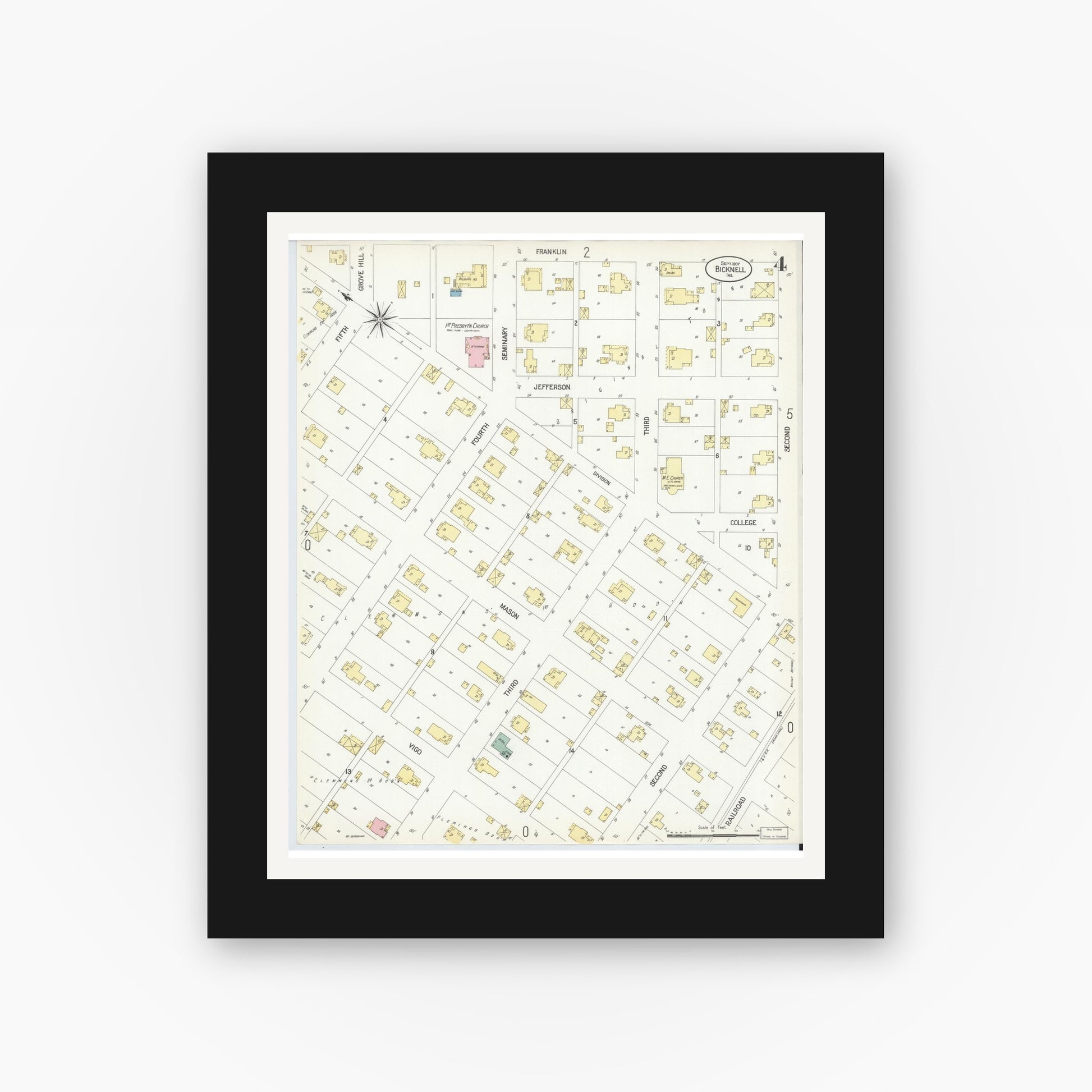 Old map wall art mockup — black gallery frame with white mat — Sanborn Fire Insurance Map from Bicknell, Knox County, Indiana (1907), Sheet #0004