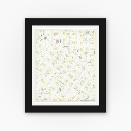 Old map wall art mockup — black gallery frame with white mat — Sanborn Fire Insurance Map from Bicknell, Knox County, Indiana (1907), Sheet #0004