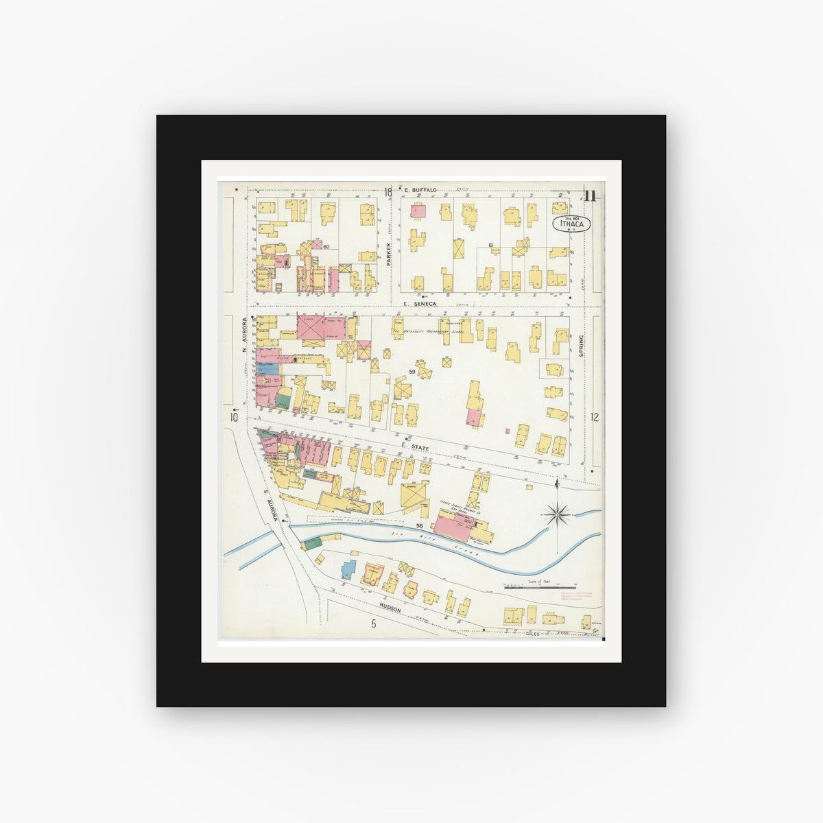 Old map wall art mockup — black gallery frame with white mat — Sanborn Fire Insurance Map from Ithaca, Tompkins County, New York (1904), Sheet #0011
