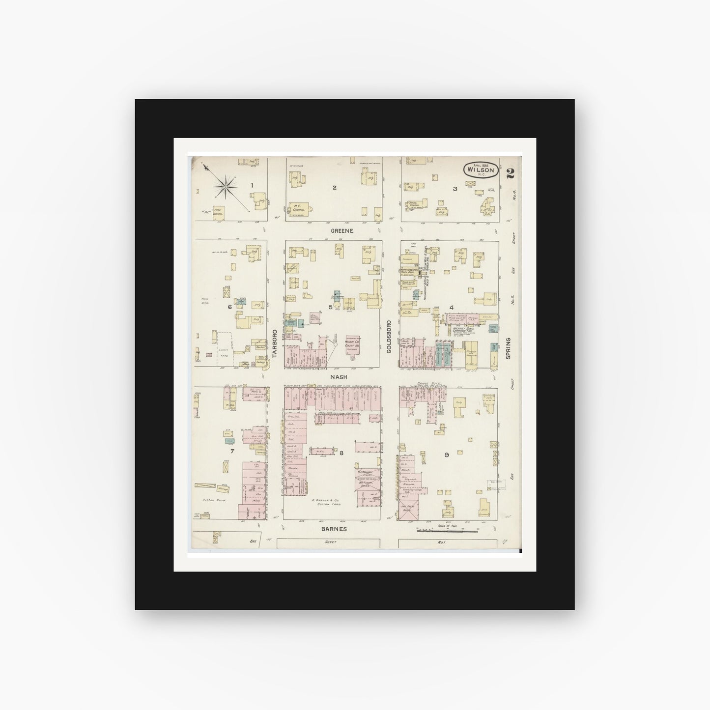 Old map wall art mockup — black gallery frame with white mat — Sanborn Fire Insurance Map from Wilson, Wilson County, North Carolina (1888), Sheet #0002