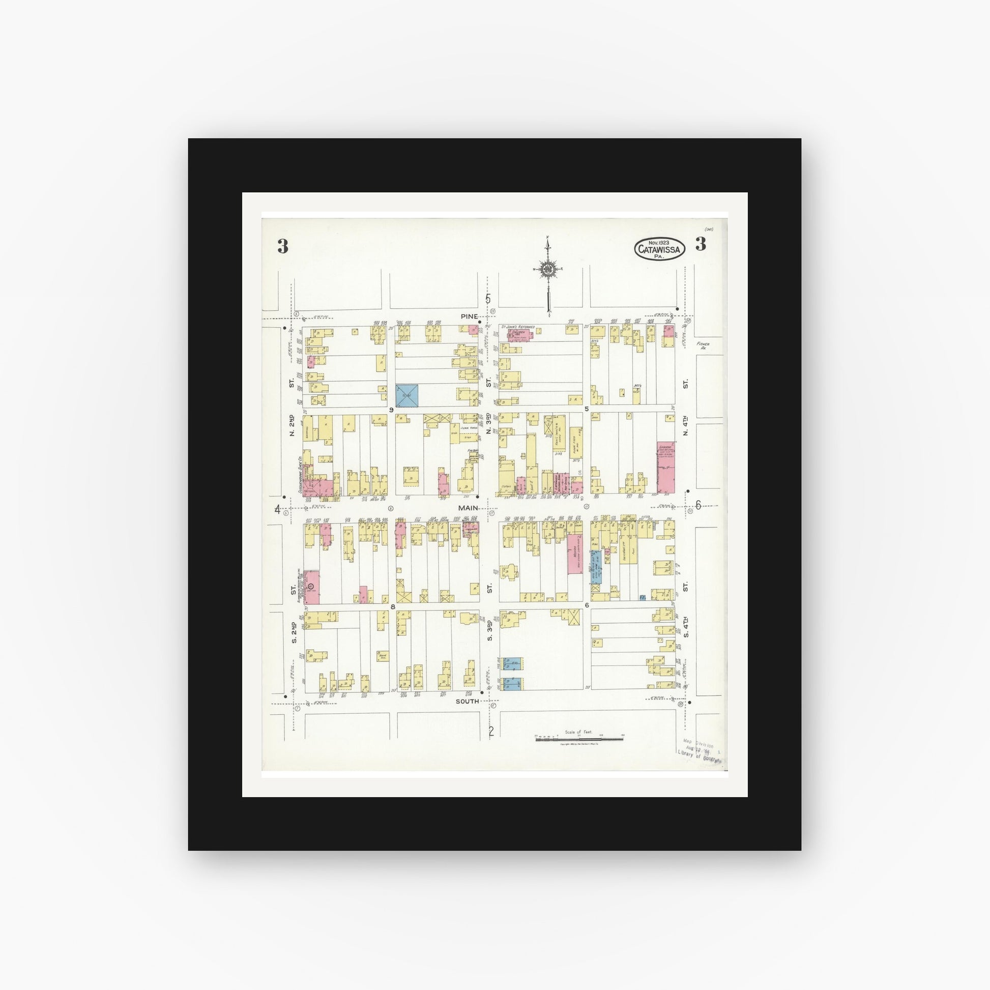 Old map wall art mockup — black gallery frame with white mat — Sanborn Fire Insurance Map from Catawissa, Columbia County, Pennsylvania (1923), Sheet #0003