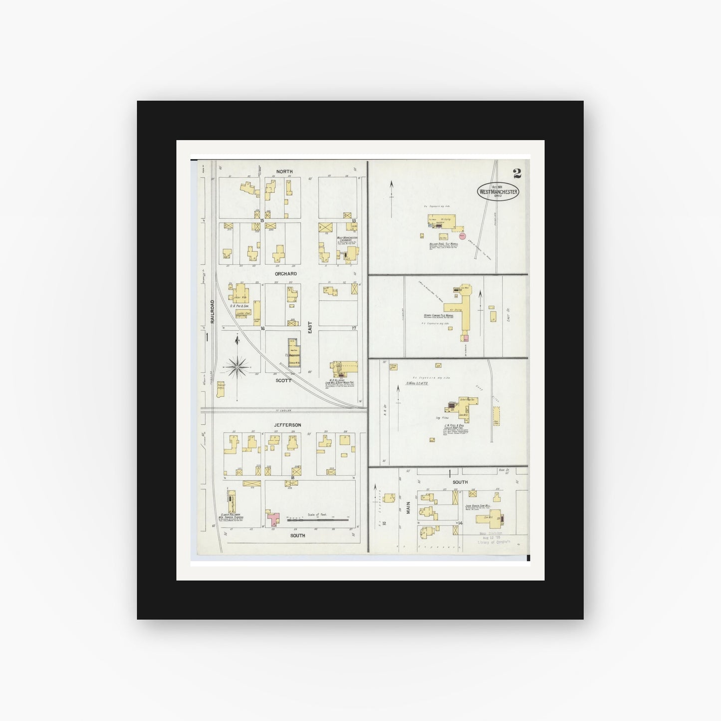 Old map wall art mockup — black gallery frame with white mat — Sanborn Fire Insurance Map from West Manchester, Preble County, Ohio (1901), Sheet #0002