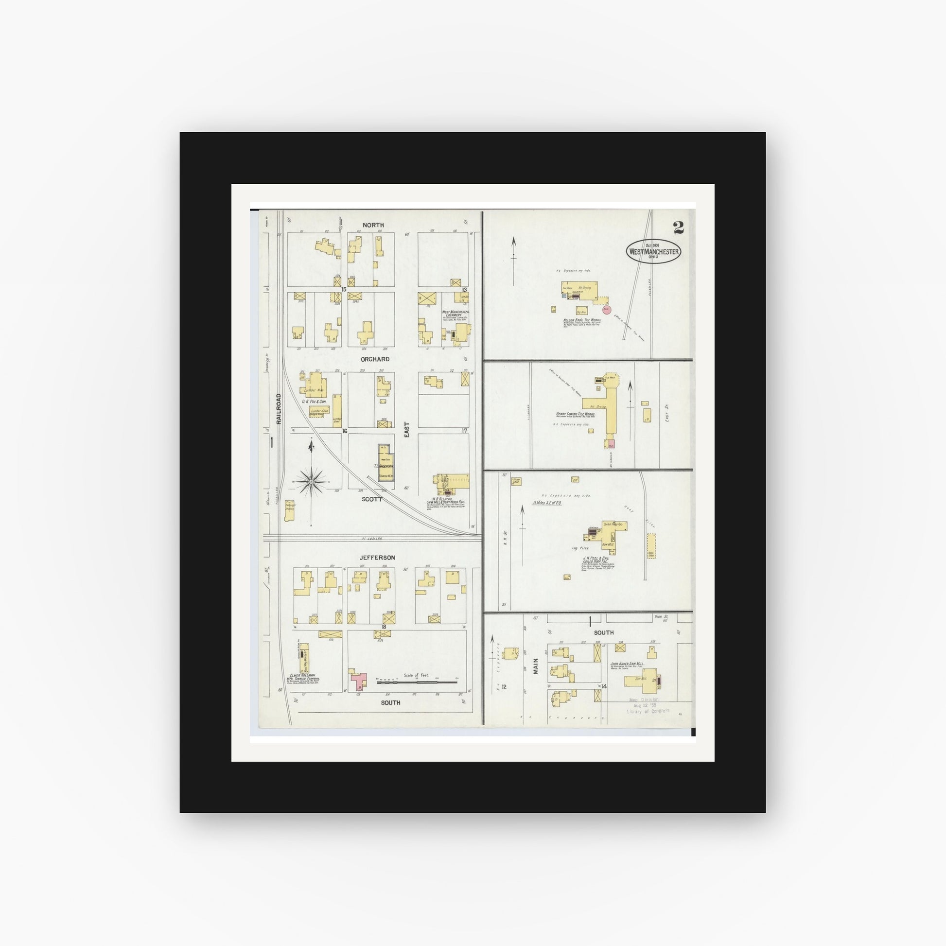 Old map wall art mockup — black gallery frame with white mat — Sanborn Fire Insurance Map from West Manchester, Preble County, Ohio (1901), Sheet #0002