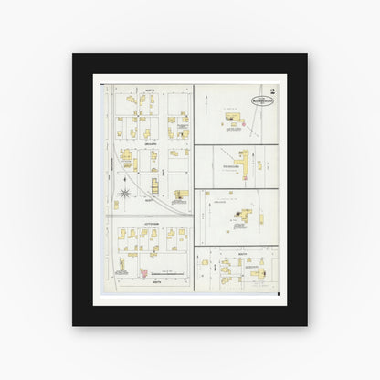Old map wall art mockup — black gallery frame with white mat — Sanborn Fire Insurance Map from West Manchester, Preble County, Ohio (1901), Sheet #0002