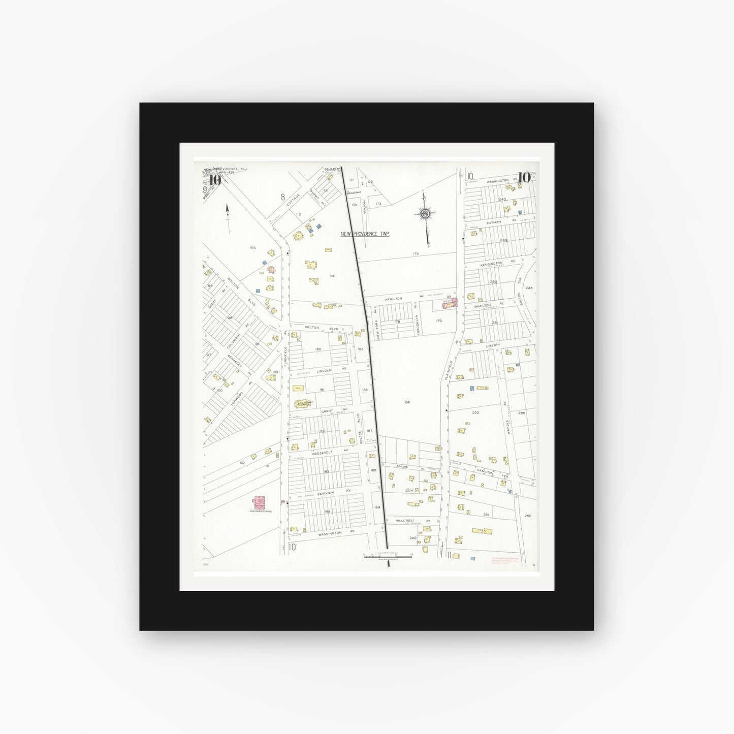 Old map wall art mockup — black gallery frame with white mat — Sanborn Fire Insurance Map from New Providence, Union County, New Jersey (1938), Sheet #0010
