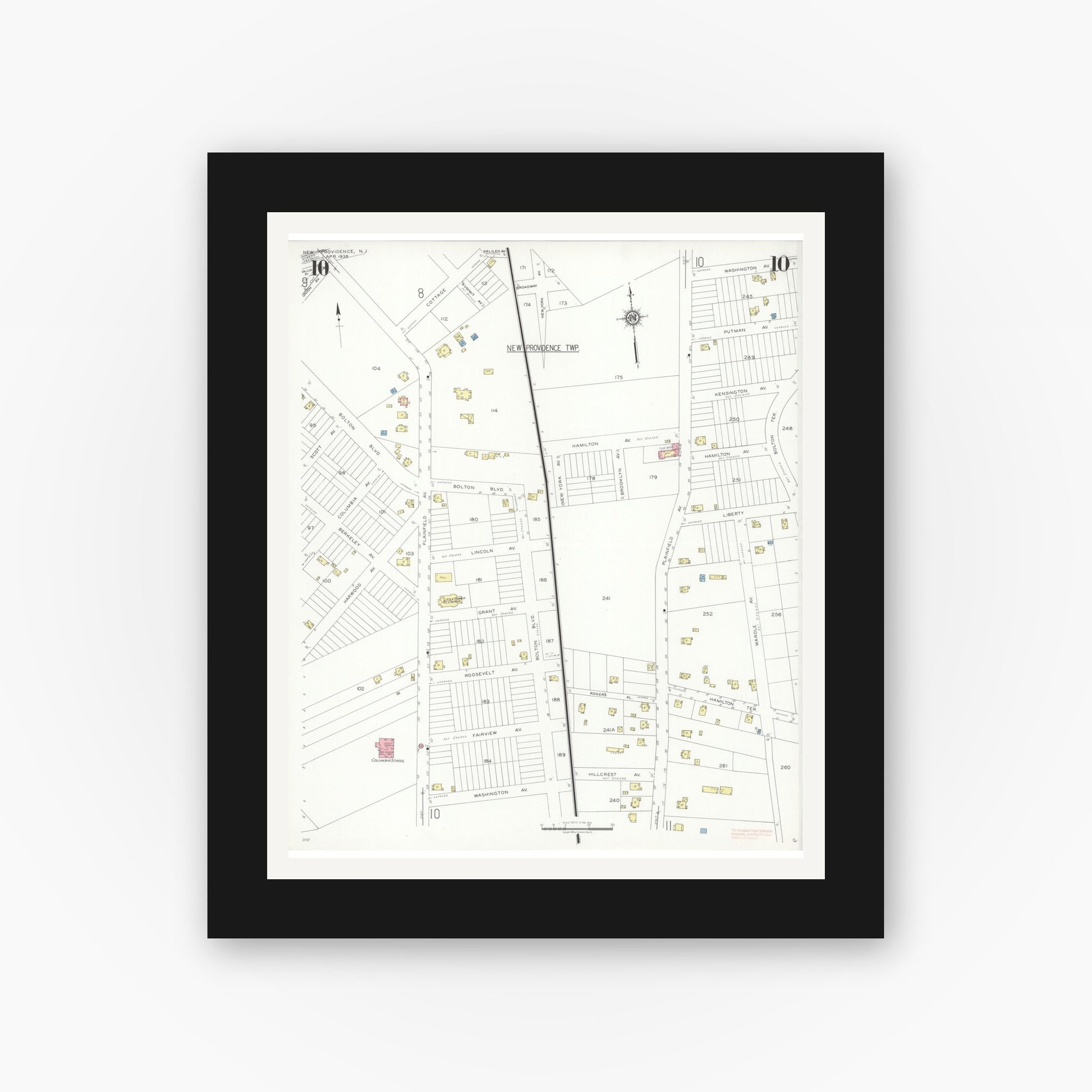 Old map wall art mockup — black gallery frame with white mat — Sanborn Fire Insurance Map from New Providence, Union County, New Jersey (1938), Sheet #0010