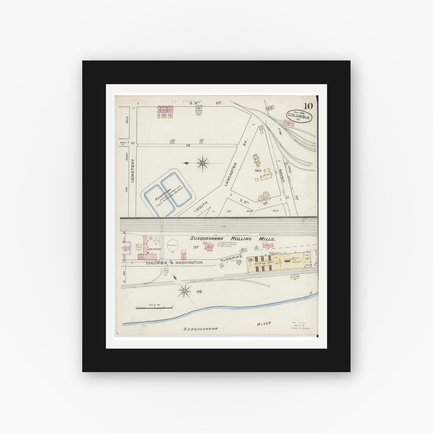 Old map wall art mockup — black gallery frame with white mat — Sanborn Fire Insurance Map from Columbia, Lancaster County, Pennsylvania (1886), Sheet #0010