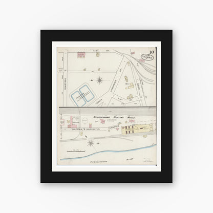 Old map wall art mockup — black gallery frame with white mat — Sanborn Fire Insurance Map from Columbia, Lancaster County, Pennsylvania (1886), Sheet #0010
