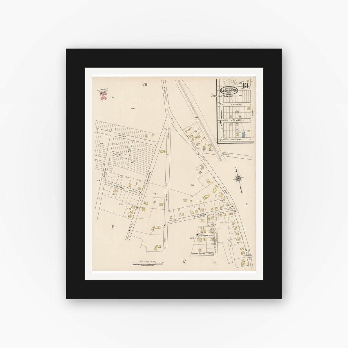 Old map wall art mockup — black gallery frame with white mat — Sanborn Fire Insurance Map from Leominster, Worcester County, Massachusetts (1922), Sheet #0013