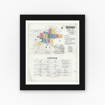 Old map wall art mockup — black gallery frame with white mat — Sanborn Fire Insurance Map from Brenham, Washington County, Texas (1920), Sheet #0001
