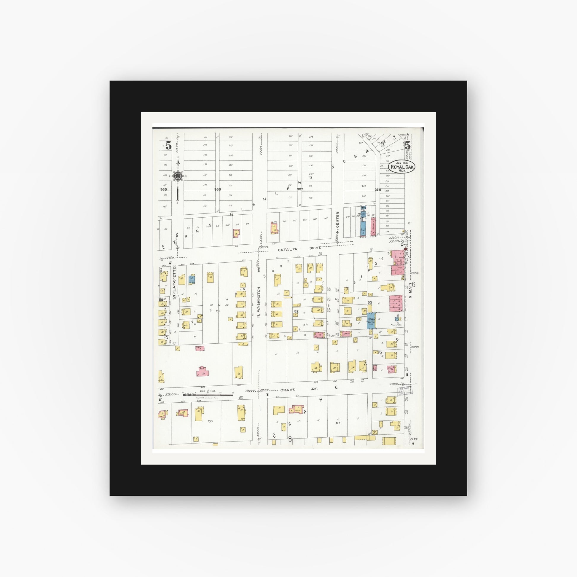 Old map wall art mockup — black gallery frame with white mat — Sanborn Fire Insurance Map from Royal Oak, Oakland County, Michigan (1926), Sheet #0005