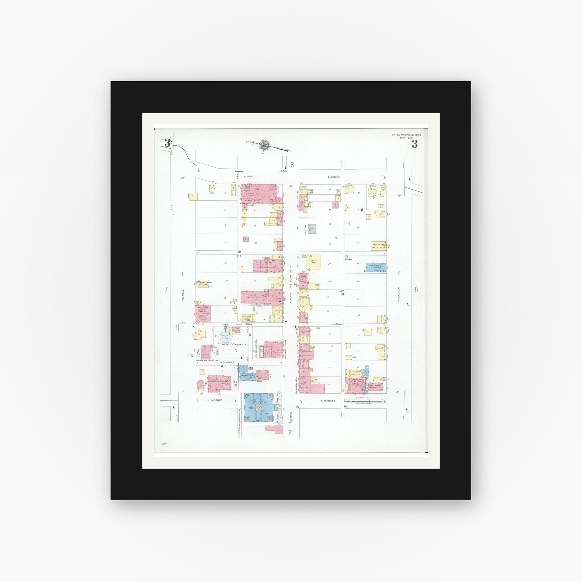 Old map wall art mockup — black gallery frame with white mat — Sanborn Fire Insurance Map from Saint Clairsville, Belmont County, Ohio (1946), Sheet #0003