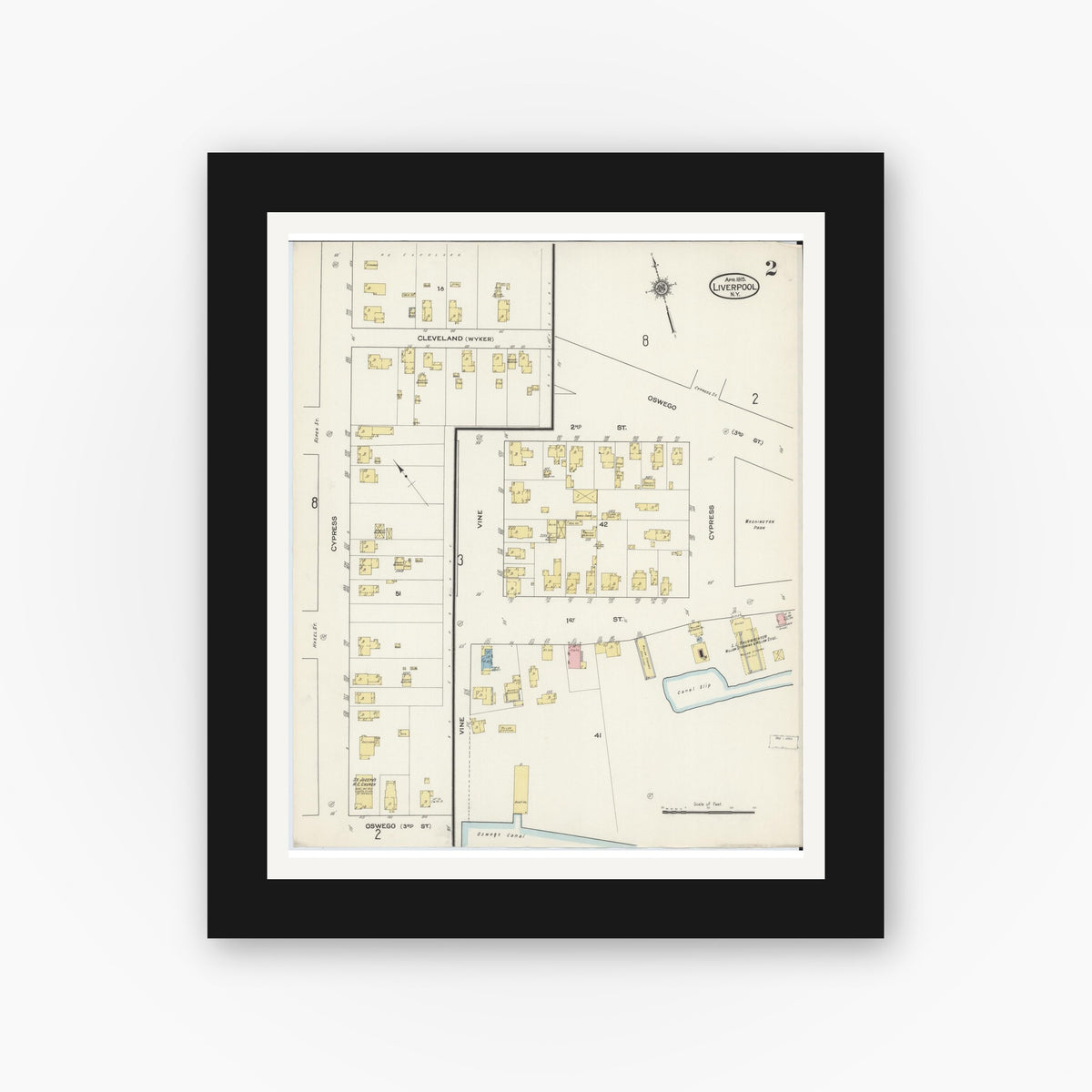 Old map wall art mockup — black gallery frame with white mat — Sanborn Fire Insurance Map from Liverpool, Onondaga County, New York (1915), Sheet #0002