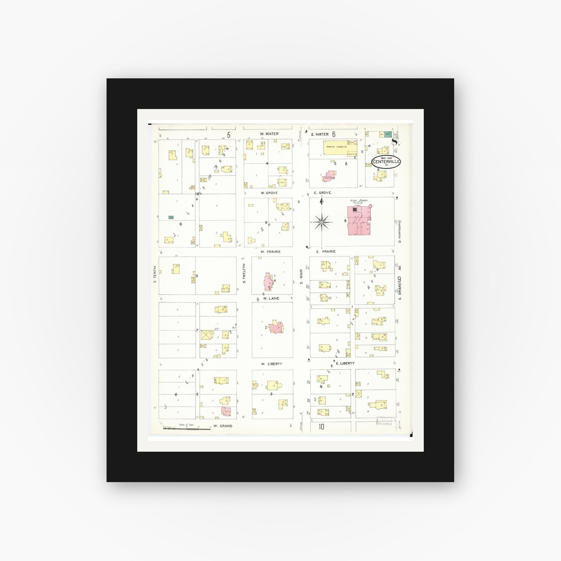 Old map wall art mockup — black gallery frame with white mat — Sanborn Fire Insurance Map from Centerville, Appanoose County, Iowa (1907), Sheet #0008