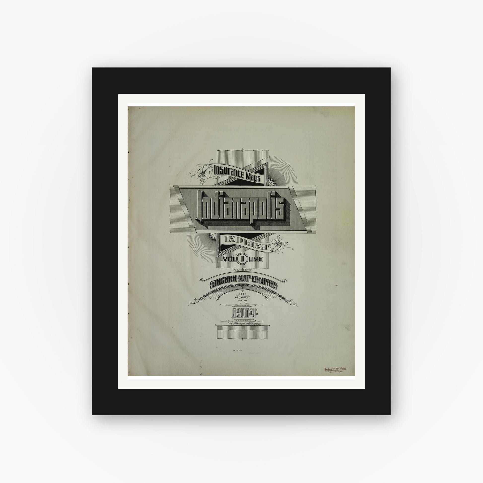 Old map wall art mockup — black gallery frame with white mat — Sanborn Fire Insurance Map from Indianapolis, Marion County, Indiana (1914), Sheet #0001