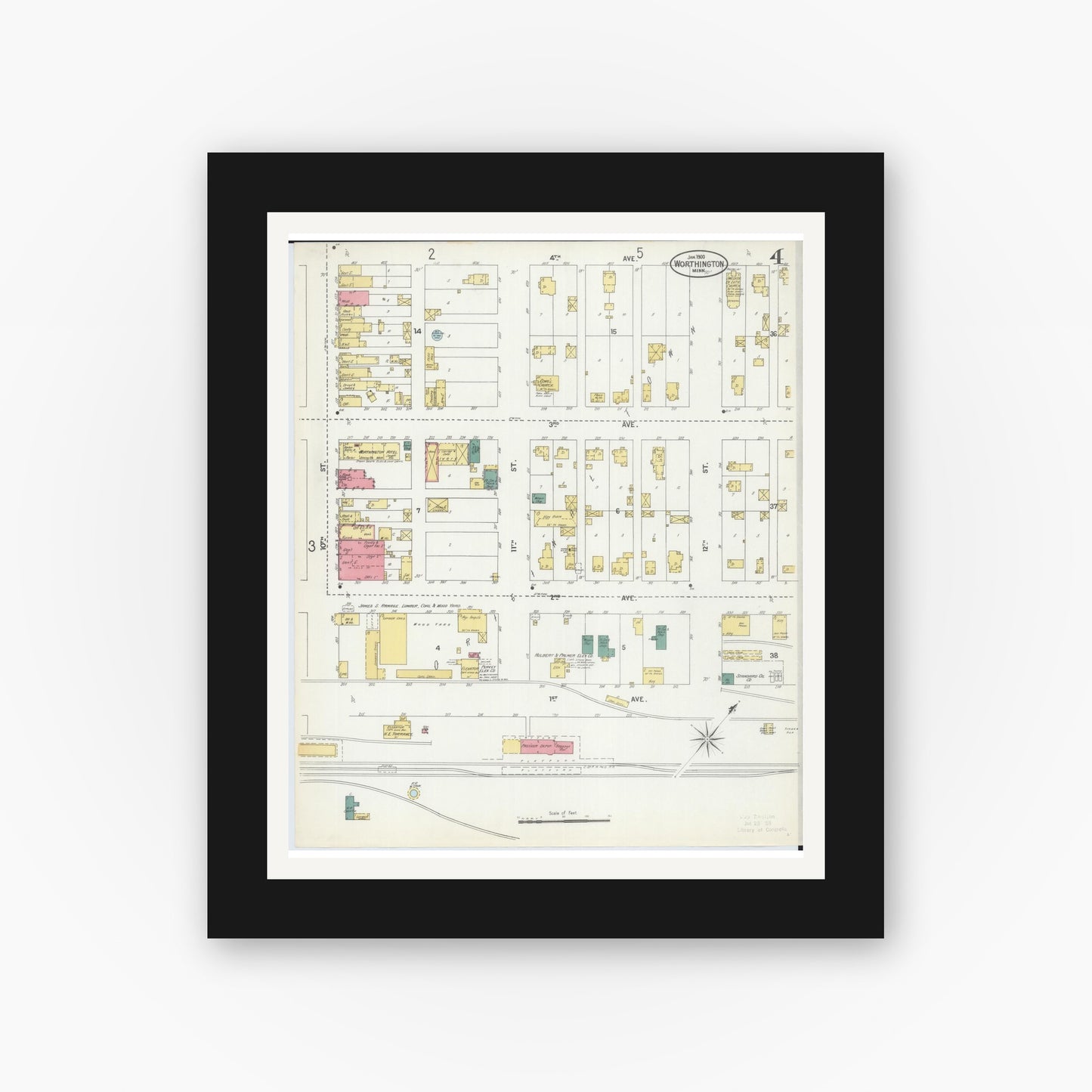 Old map wall art mockup — black gallery frame with white mat — Sanborn Fire Insurance Map from Worthington, Nobles County, Minnesota (1900), Sheet #0004