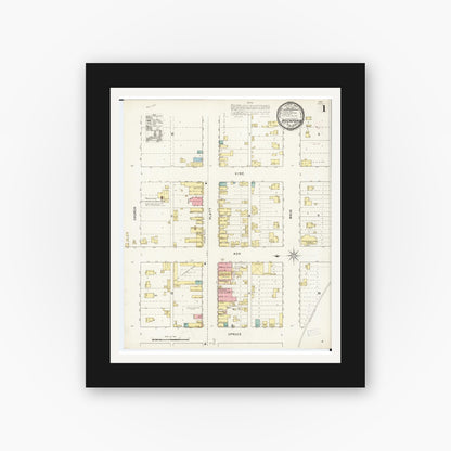 Old map wall art mockup — black gallery frame with white mat — Sanborn Fire Insurance Map from Rockford, Floyd County, Iowa (1894), Sheet #0001