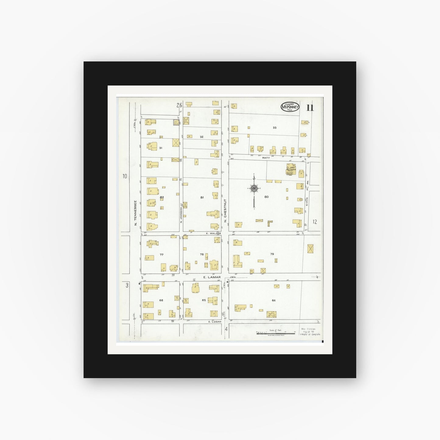 Old map wall art mockup — black gallery frame with white mat — Sanborn Fire Insurance Map from McKinney, Collin County, Texas (1920), Sheet #0011