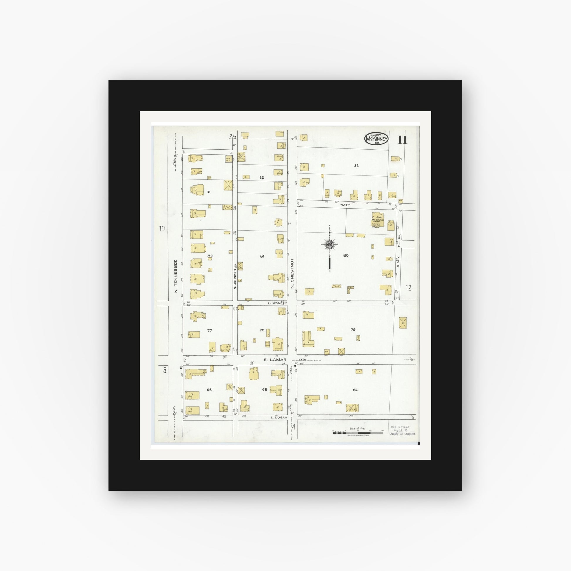 Old map wall art mockup — black gallery frame with white mat — Sanborn Fire Insurance Map from McKinney, Collin County, Texas (1920), Sheet #0011