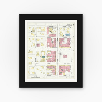 Old map wall art mockup — black gallery frame with white mat — Sanborn Fire Insurance Map from Gainesville, Alachua County, Florida (1909), Sheet #0008
