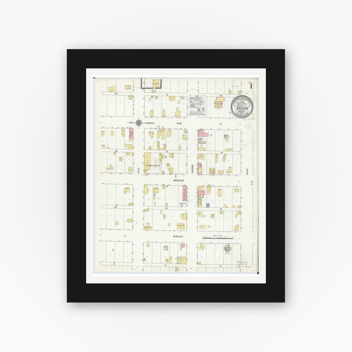 Old map wall art mockup — black gallery frame with white mat — Sanborn Fire Insurance Map from Kasota, Le Sueur County, Minnesota (1911) - Complete Map Set