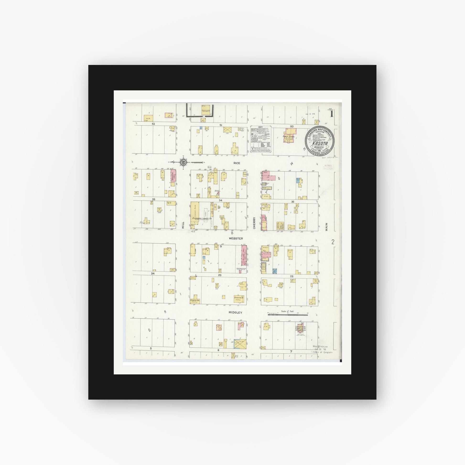 Old map wall art mockup — black gallery frame with white mat — Sanborn Fire Insurance Map from Kasota, Le Sueur County, Minnesota (1911) - Complete Map Set