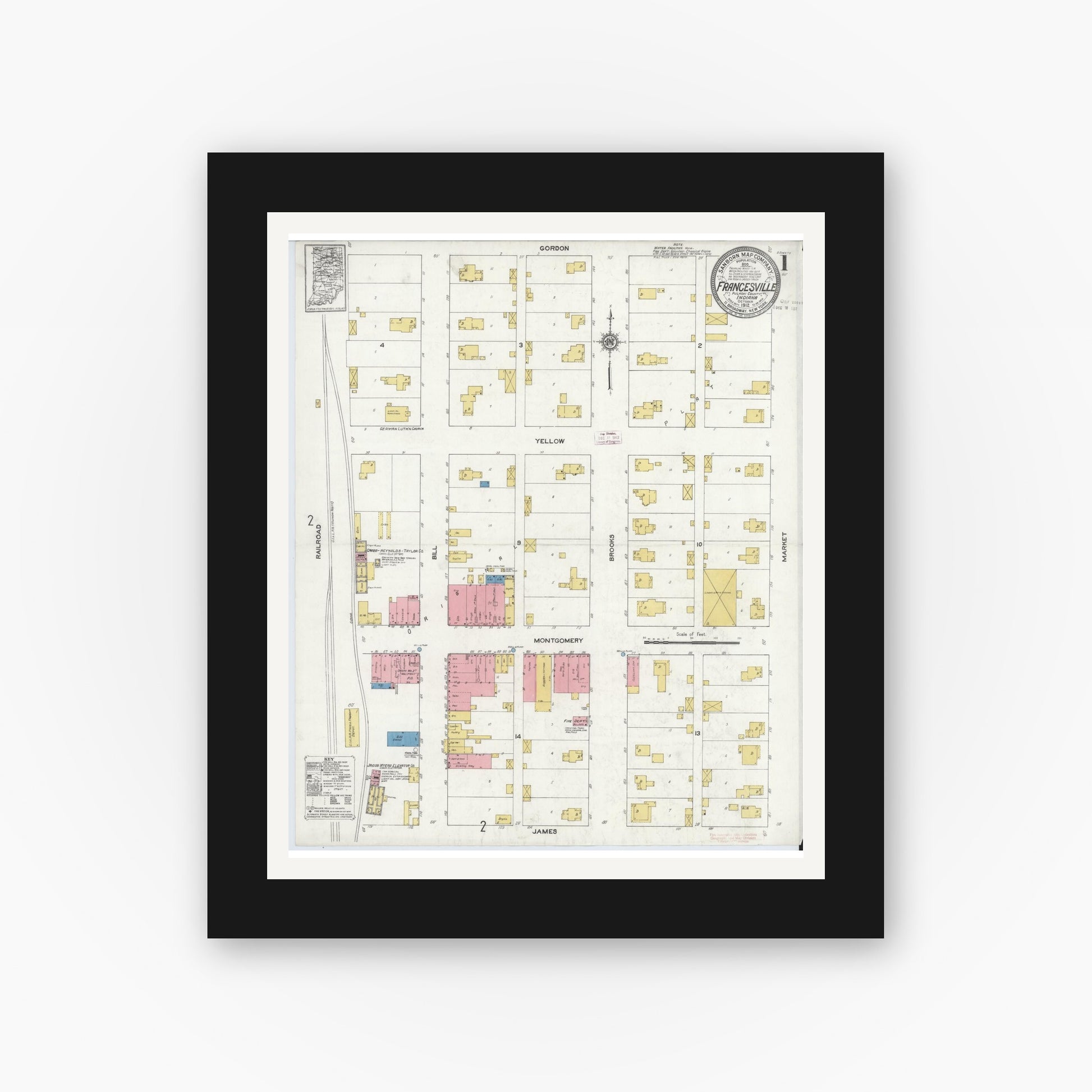 Old map wall art mockup — black gallery frame with white mat — Sanborn Fire Insurance Map from Francesville, Pulaski County, Indiana (1912) - Complete Map Set