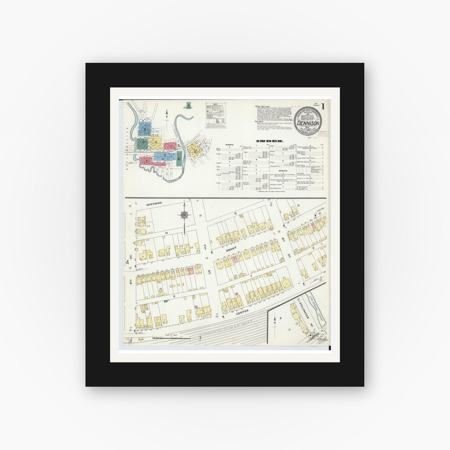 Old map wall art mockup — black gallery frame with white mat — Sanborn Fire Insurance Map from Dennison, Tuscarawas County, Ohio (1909), Sheet #0001