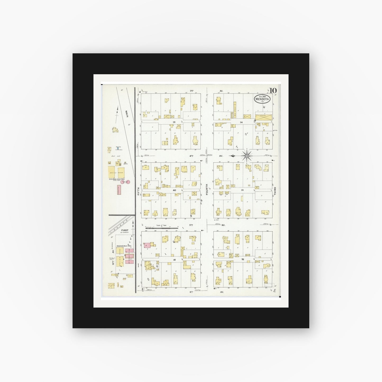 Old map wall art mockup — black gallery frame with white mat — Sanborn Fire Insurance Map from Mendota, La Salle County, Illinois (1909), Sheet #0010