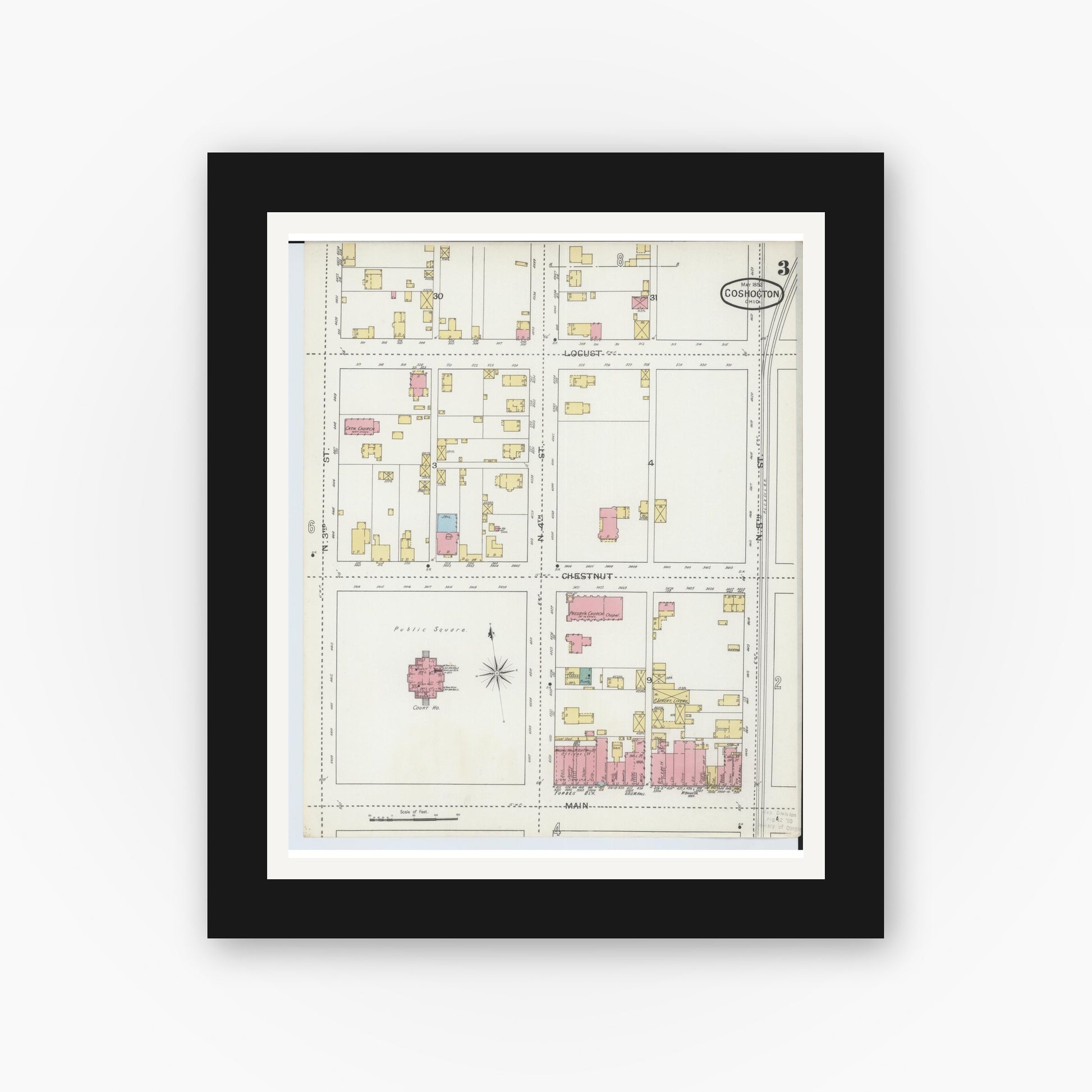 Old map wall art mockup — black gallery frame with white mat — Sanborn Fire Insurance Map from Coshocton, Coshocton County, Ohio (1893), Sheet #0003