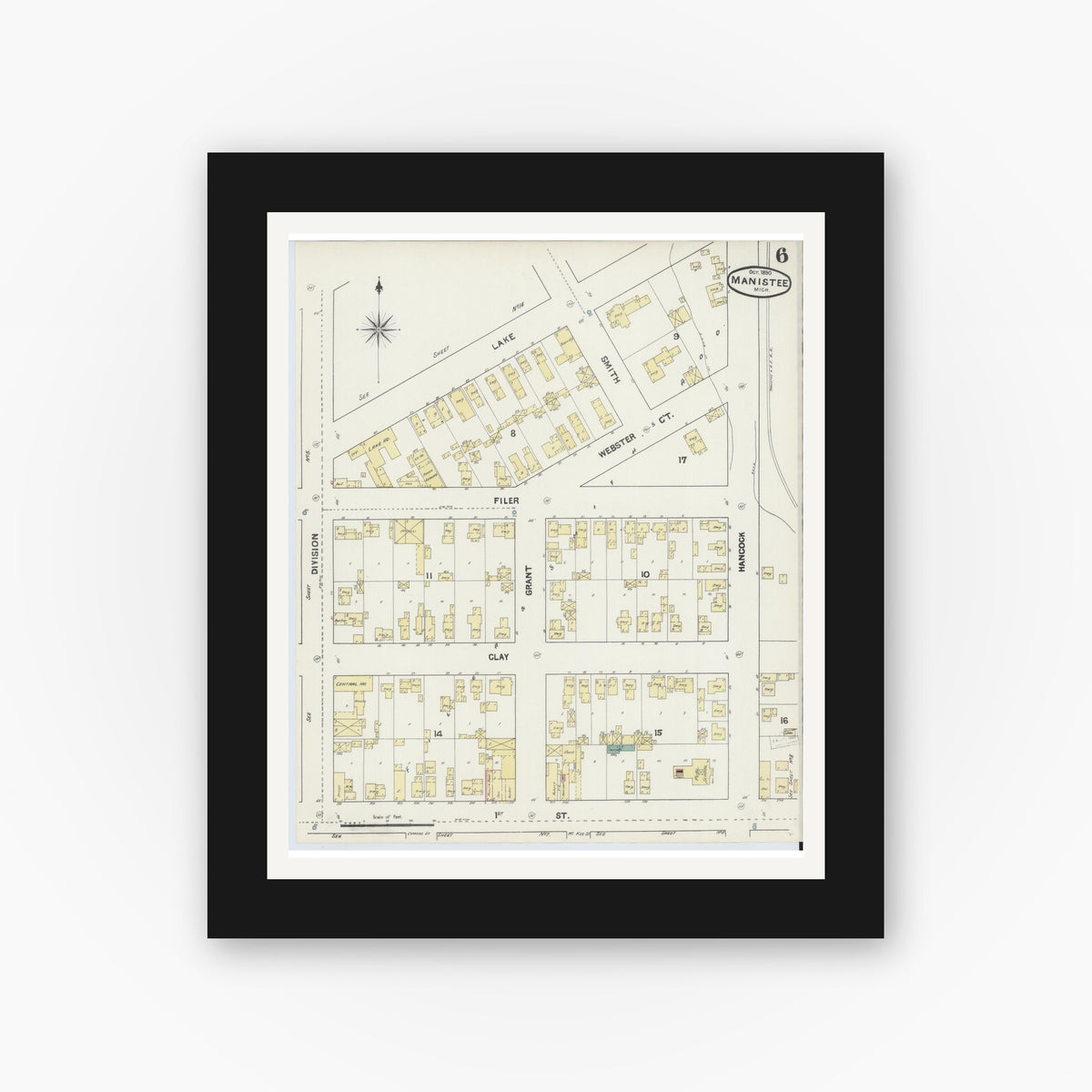 Old map wall art mockup — black gallery frame with white mat — Sanborn Fire Insurance Map from Manistee, Manistee County, Michigan (1890), Sheet #0006