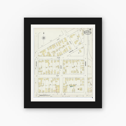 Old map wall art mockup — black gallery frame with white mat — Sanborn Fire Insurance Map from Manistee, Manistee County, Michigan (1890), Sheet #0006