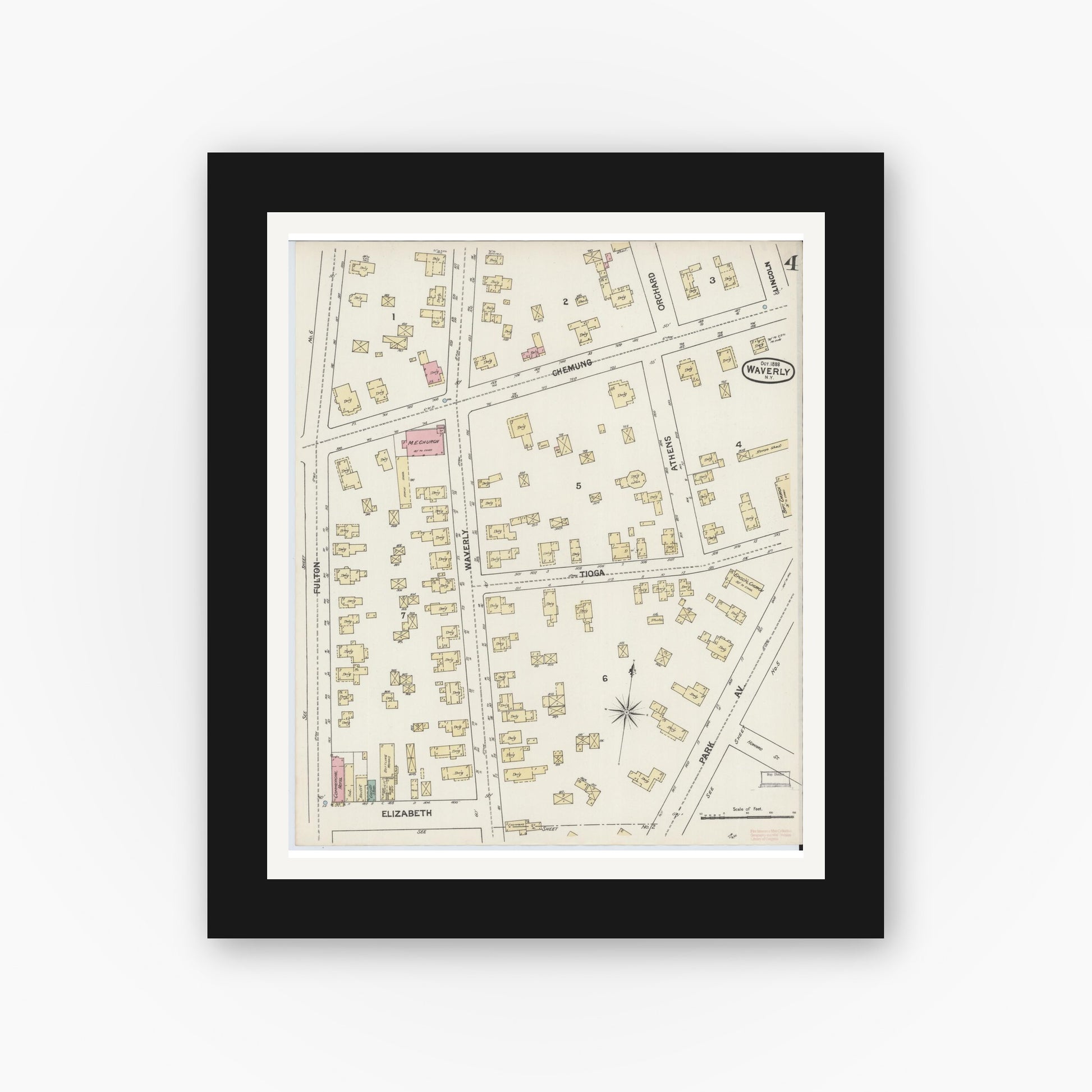 Old map wall art mockup — black gallery frame with white mat — Sanborn Fire Insurance Map from Waverly, Tioga County, New York (1888), Sheet #0004