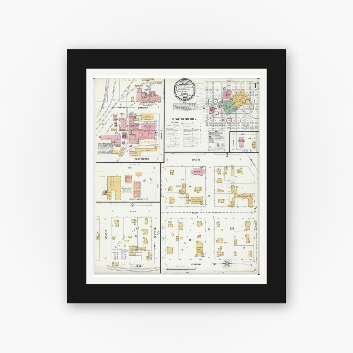Old map wall art mockup — black gallery frame with white mat — Sanborn Fire Insurance Map from Galva, Henry County, Illinois (1899), Sheet #0001