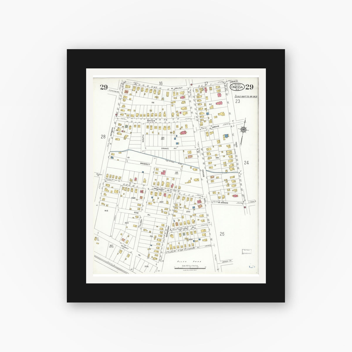 Old map wall art mockup — black gallery frame with white mat — Sanborn Fire Insurance Map from Oneida, Madison County, New York (1923), Sheet #0029