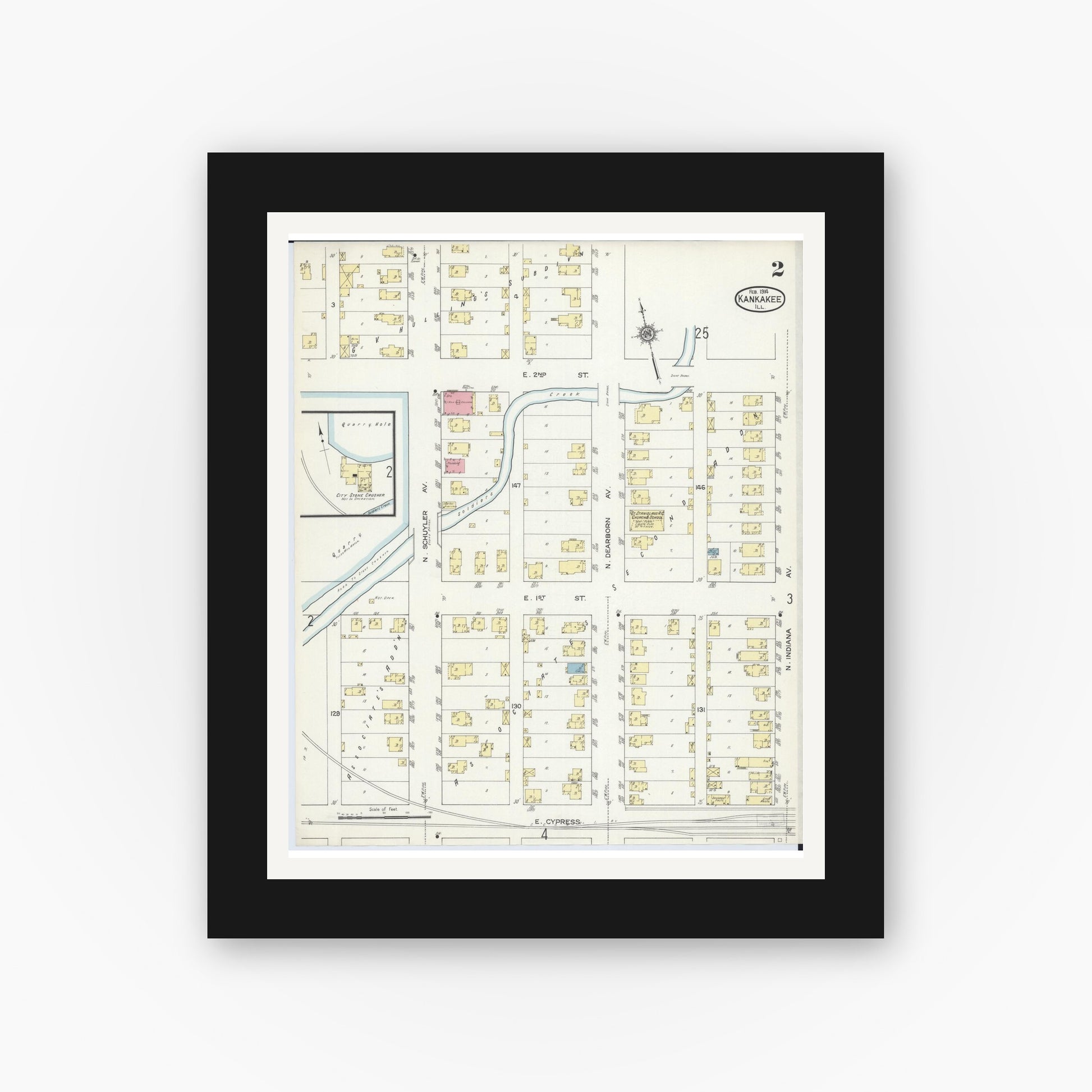 Old map wall art mockup — black gallery frame with white mat — Sanborn Fire Insurance Map from Kankakee, Kankakee County, Illinois (1914), Sheet #0002